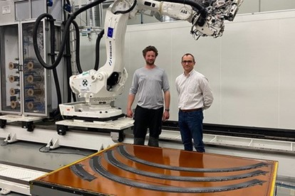 Adrien Marchandise of Minilab and Gilles Larroque of Victrex pictured with the first parts made out of LMPAEK™ Materials